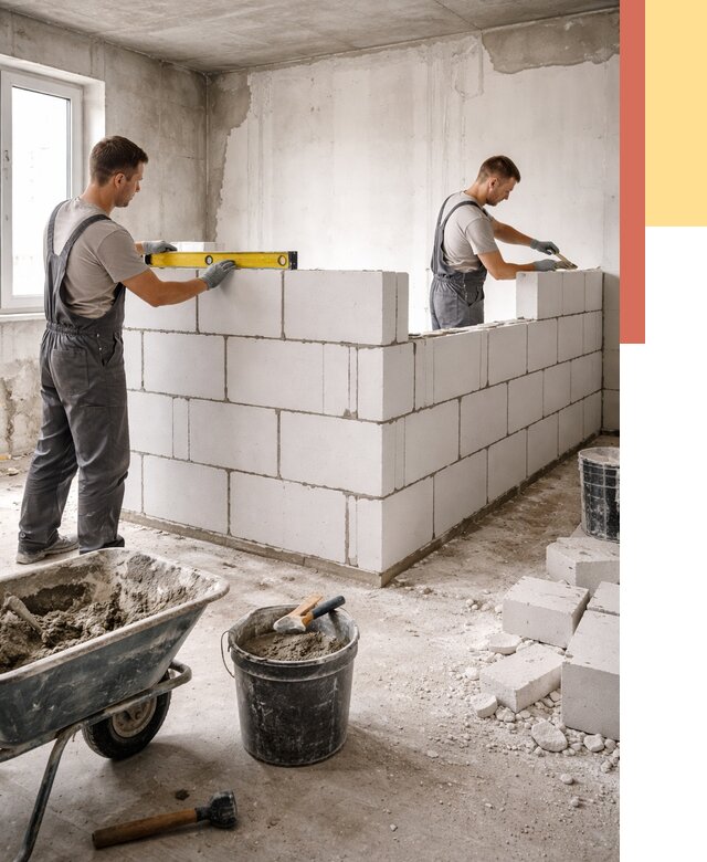 Кладка перегородок из ПГП в Южноуральске от 2734 руб./м2 — монтаж и возведение под ключ | ОТДЕЛОЧНИК-Жрк