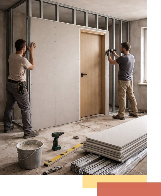 Перегородка из гипсокартона с дверью под ключ в Южноуральске