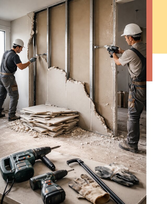 Демонтаж перегородки из гипсокартона в Южноуральске от 1312 руб. быстро и недорого | ОТДЕЛОЧНИК-Жрк