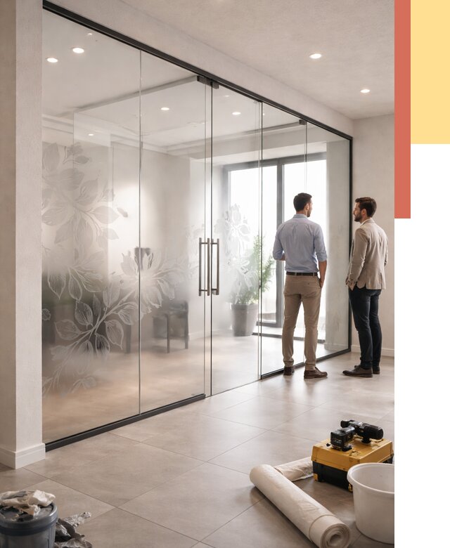 Стеклянные перегородки с рисунком в Южноуральске от 13670 руб. монтаж и нанесение | ОТДЕЛОЧНИК-Жрк