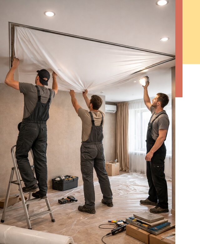 Монтаж ПВХ натяжного потолка в Южноуральске от 3828 руб. под ключ | ОТДЕЛОЧНИК-Жрк