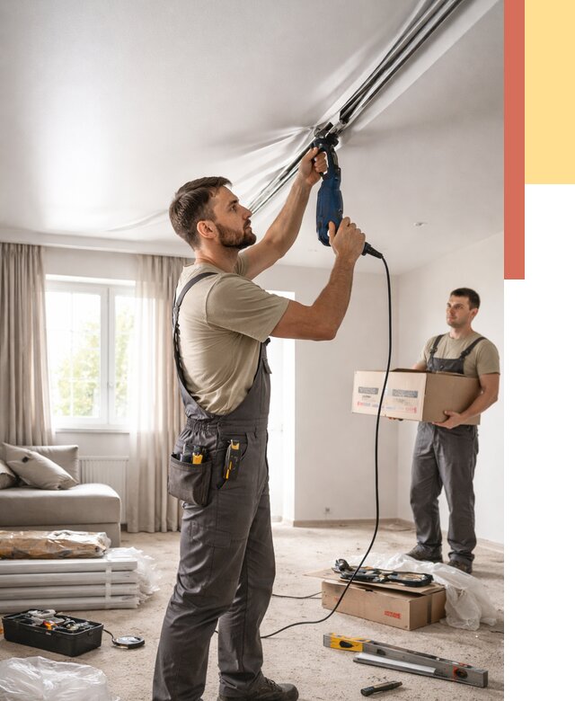 Монтаж сатинового натяжного потолка в Южноуральске от 3828 руб. | Быстро, недорого — ОТДЕЛОЧНИК-Жрк