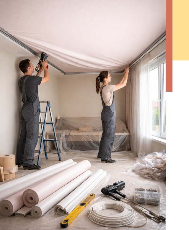 Монтаж цветного натяжного потолка в Южноуральске от 4593 руб/м² — быстро и недорого | ОТДЕЛОЧНИК-Жрк