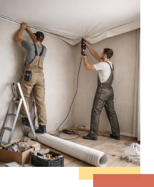 Монтаж цветного натяжного потолка в Южноуральске за один день