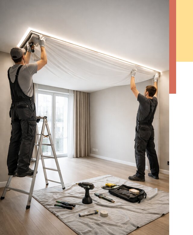 Монтаж парящего натяжного потолка в Южноуральске от 4921 руб. быстро и недорого | ОТДЕЛОЧНИК-Жрк