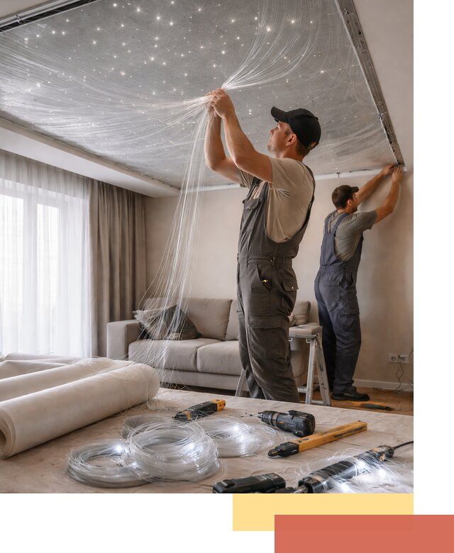 Монтаж натяжного потолка «Звездное небо» в Южноуральске