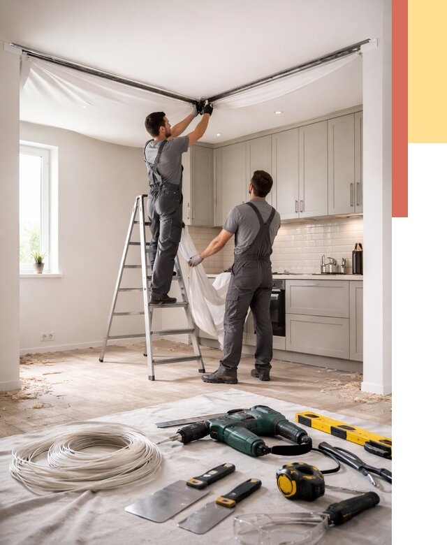 Установка натяжного потолка на кухне в Южноуральске от 2625 руб. | ОТДЕЛОЧНИК-Жрк