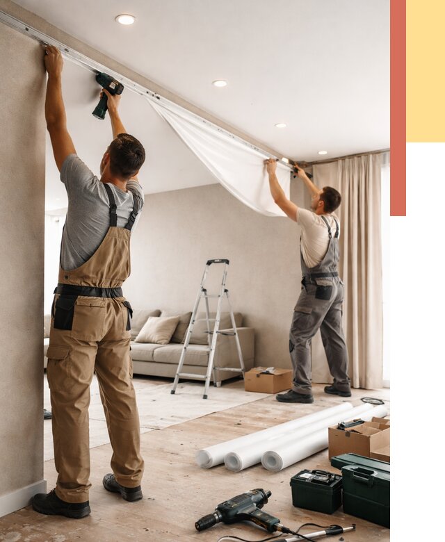 Монтаж натяжного потолка в гостиной в Южноуральске от 601 руб. | ОТДЕЛОЧНИК-Жрк