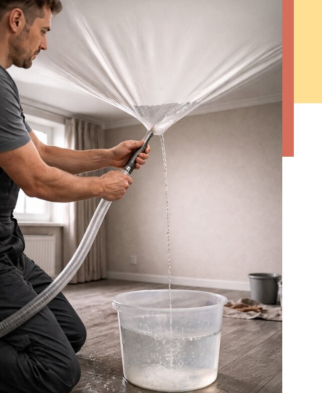 Слив воды с натяжного потолка в Южноуральске от 2734 руб. быстро и недорого | ОТДЕЛОЧНИК-Жрк