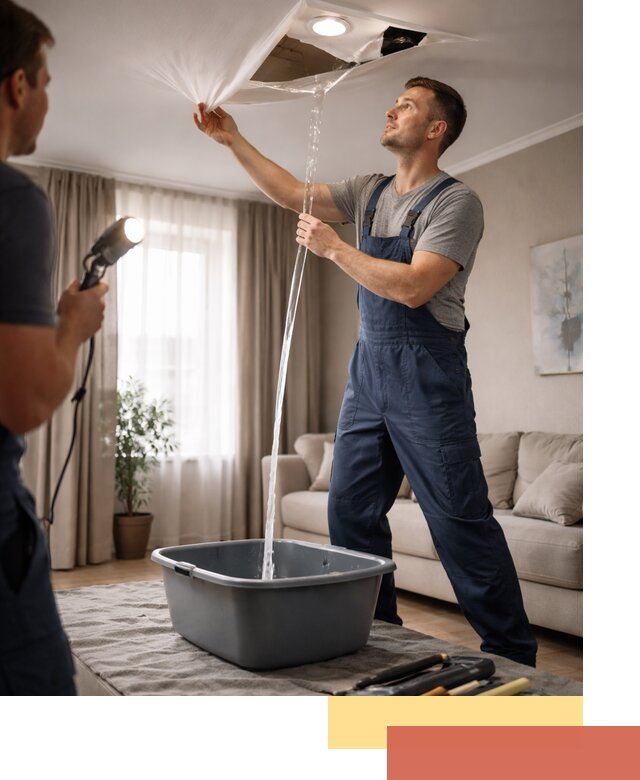 Слив воды с натяжного потолка в Южноуральске быстро и аккуратно