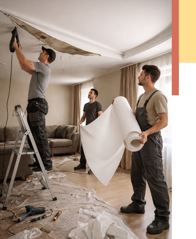 Замена полотна натяжного потолка в Южноуральске от 10389 руб. быстро и недорого | ОТДЕЛОЧНИК-Жрк