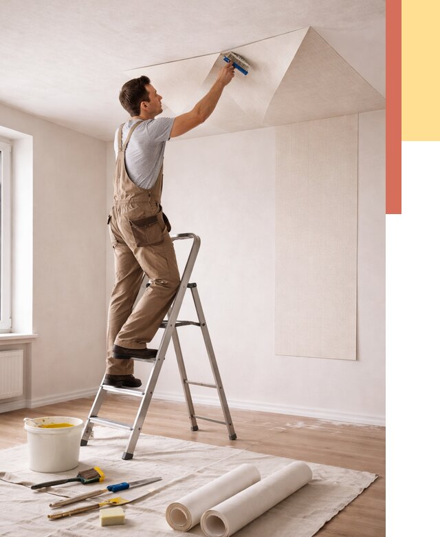 Поклейка обоев на потолок в Южноуральске от 4921 руб. быстро и недорого | ОТДЕЛОЧНИК-Жрк