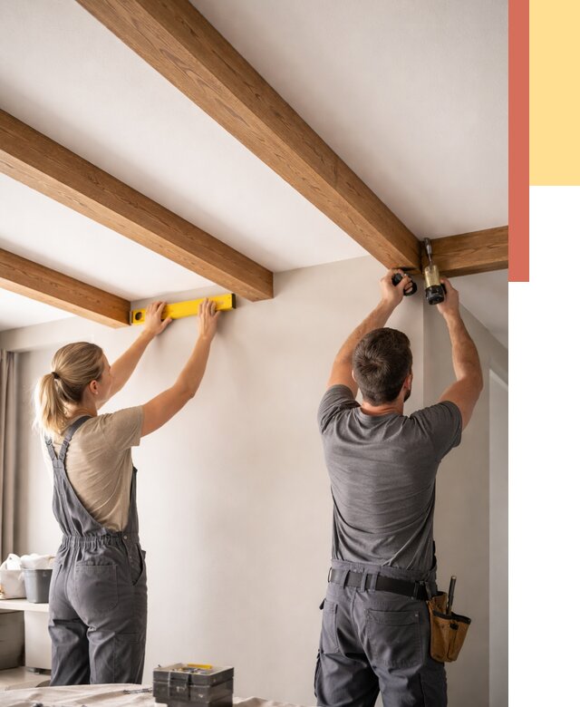 Монтаж декоративных балок на потолок в Южноуральске от 4593 руб. — ОТДЕЛОЧНИК-Жрк